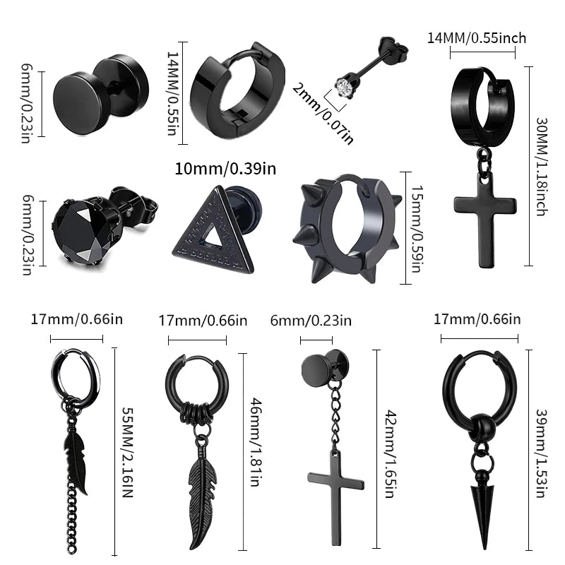 1 /11 Pairs Punk Stainless Steel Stud Earrings Black Earrings Set For Men Women Vintage Hip Hop Piercing Ear Jewelry Accessories.