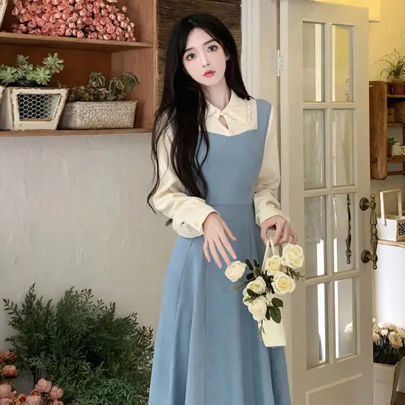 Solide Patchwork Vierkant hals Langarm gefälschte zweiteilige Kleider elegante Mode Harajuku weibliche Kleidung lässig alle Match Rock.