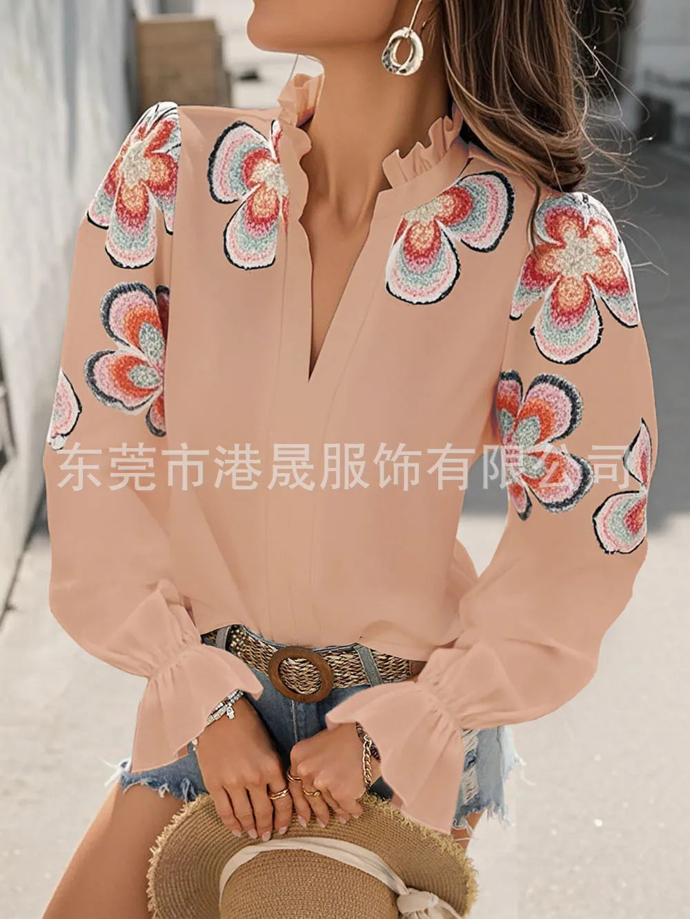 New Fashion American European Women's Printed Casual Trendy Loose V-neck Long Puff Sleeve Simple Basic Shirts Female Clothes.