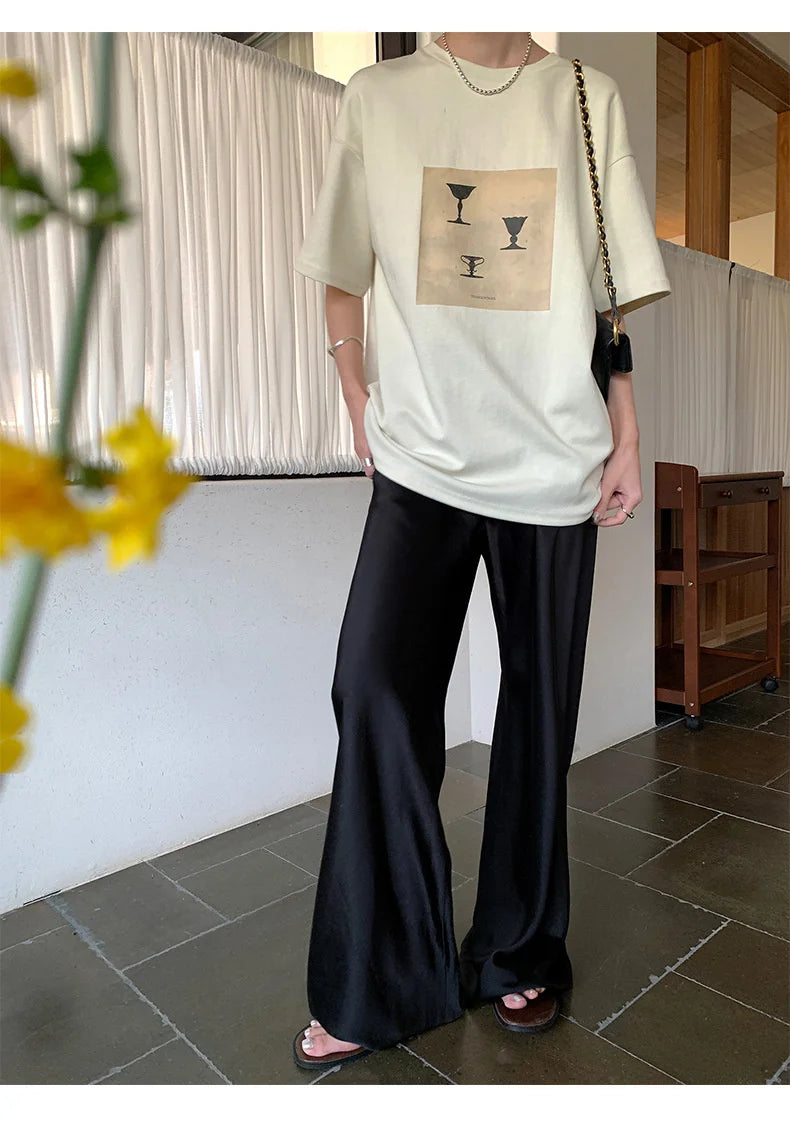 Satin Wide Leg Pants Long Floor Casual Pants Women's Summer.