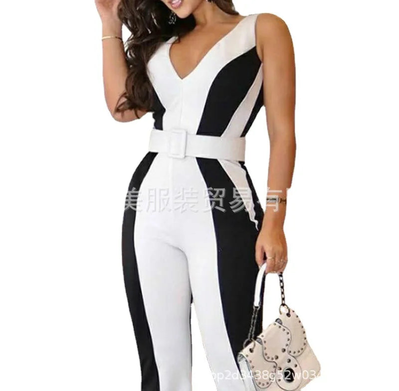 Black And White Contrasting Color Slim Jumpsuit Women Without Belt 2025 Spring Summer New Product Fashion Women's Sleeveless.