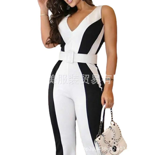 Black And White Contrasting Color Slim Jumpsuit Women Without Belt 2025 Spring Summer New Product Fashion Women's Sleeveless.