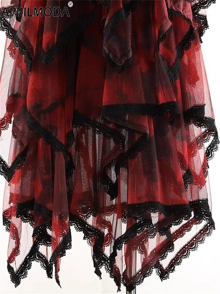 Irregular Hem Lace Cake Mesh Midi Long Skirt High Elastic Waist Ball Gown Harajuku Gothic Cosplay Maxi Skirts Red Party Skater.