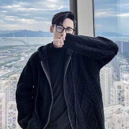 Men's Fashionable Simple Zip-Up Knit Cardigan with Hood - Korean Style Twisted Texture Warm Outerwear for Autumn & Winter.