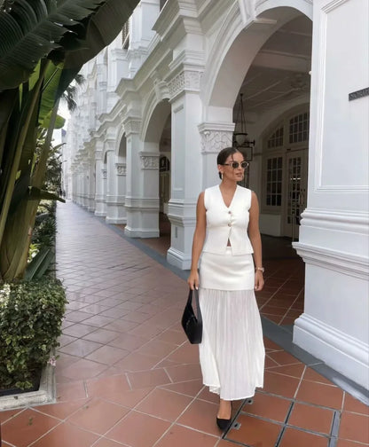 ETJ 2025 spring new  women's elegant fashion same color splicing small pleated hem high waist knit skirt.