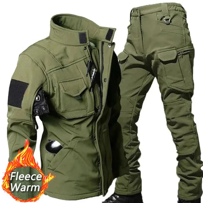Waterproof Shark Skin Tactical Sets Mens Thicken Fleece New Soft Shell Combat Jackets+windproof Warm Cargo Pant 2 Piece Set.