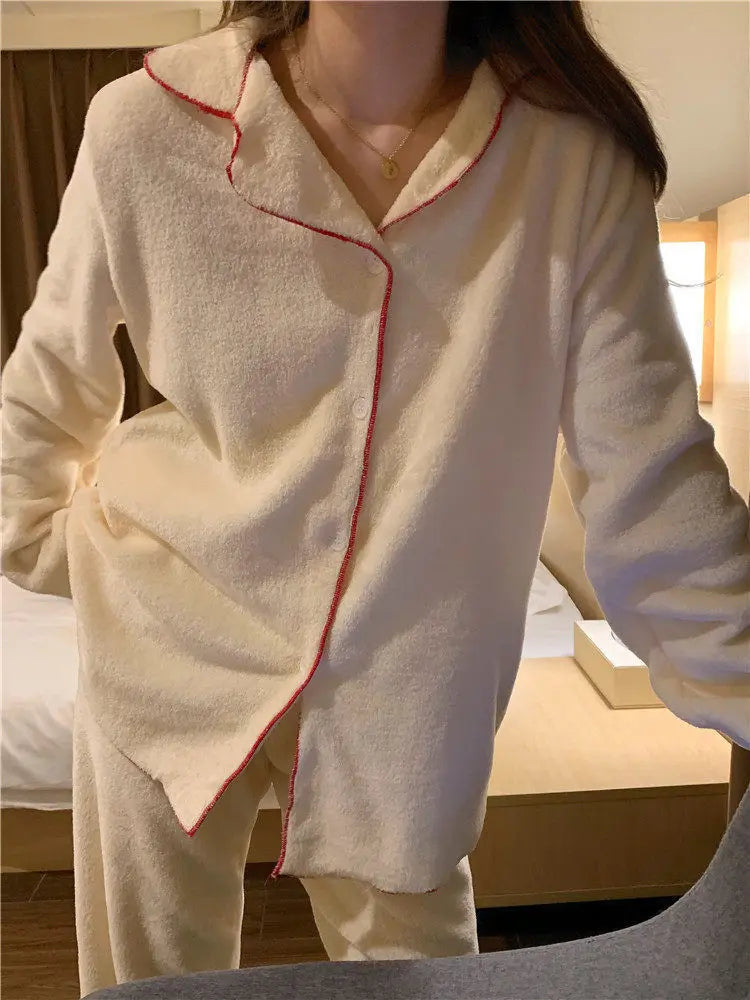 Flannel Women's Pajamas Sets Casual Autumn Winter Sleepwear Velvet Pyjama Ladies Cardigan Simple Bedroom Soft Warm Home Clothes.