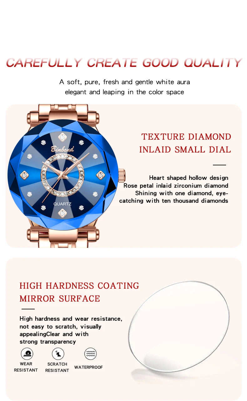 BINBONDN10 Women's Watches Elegant Fashion Original Quartz Watch for Lady Heart of the Ocean Design Waterproof Luminous Diamond.
