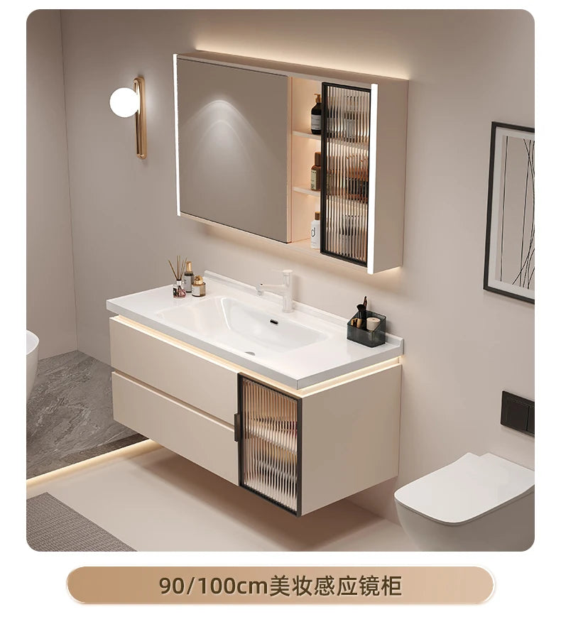 Cremefarbener Wind-Badezimmerschrank, integriertes Waschbecken aus Keramik, WC-Waschbecken-Kombination