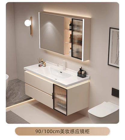 Cremefarbener Wind-Badezimmerschrank, integriertes Waschbecken aus Keramik, WC-Waschbecken-Kombination