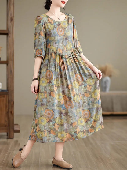 Kurzarm übergroße Baumwolle Satin Vintage Blumen neu in Kleidern für Frauen lässig lose lange Sommerkleid elegante Kleidung.