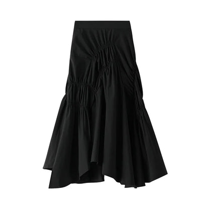 Elegant Pleated Long Skirt For Slim Women Casual High Waist Solid Color Asymmetrical Black Flared Skirts 2024 Spring Saias SK505.