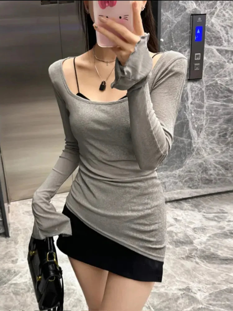 Mesh Sheer Irregular T Shirt For Women New Long Sleeve See-Through Korean Pullover Tops Sexy Autumn Girls Top Tee Shirt Casual.