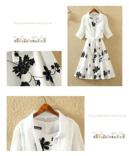 Neuer eleganter Anzug, zweiteiliges Kleid, hohe Taille, ärmellos, schlanker A-Linien-Rock, Blumenstickerei, weißes Oberteil, Schleife, Gürtel, Vintage-Frau.