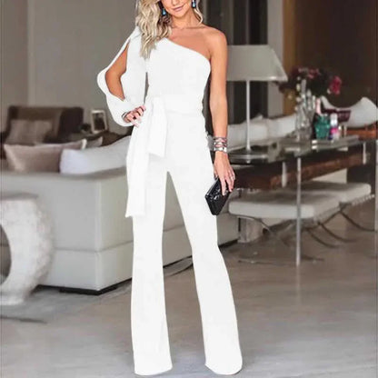 2024 Spring New Women's Single Shoulder High-waisted Belted Slimming Jumpsuit Amazon Cross-border Seller Sexy Smooth Silhouette
