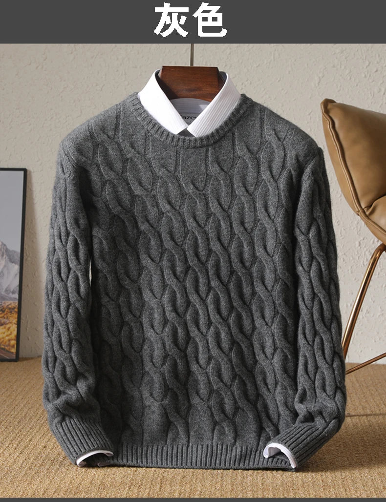 Autumn Winter Thickened Cashmere Sweater 100% Merino Wool Men's Top O-Neck Twisted Pullover Knitted Loose Long Sleeve Sweater.