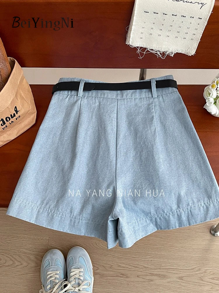 Beiyingni Korean Women High Waist Shorts With Belt Elegant Cotton Linen Casual Slim Female Shorts White Street Short Cargo Pants.