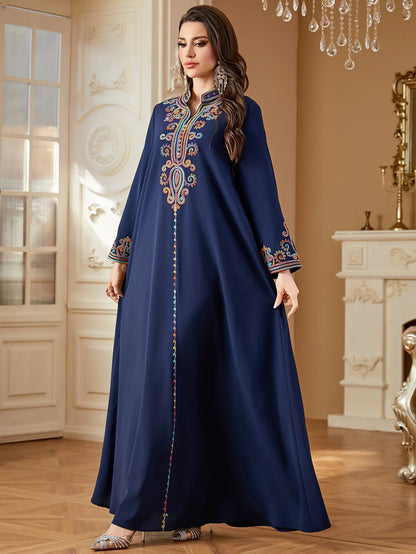 Dubai Muslim New Fashion Women's Embroidereid Long Sleeve V-neck Loose A-line Ankle Length Dresses Female Trendy Elegant Clothes.
