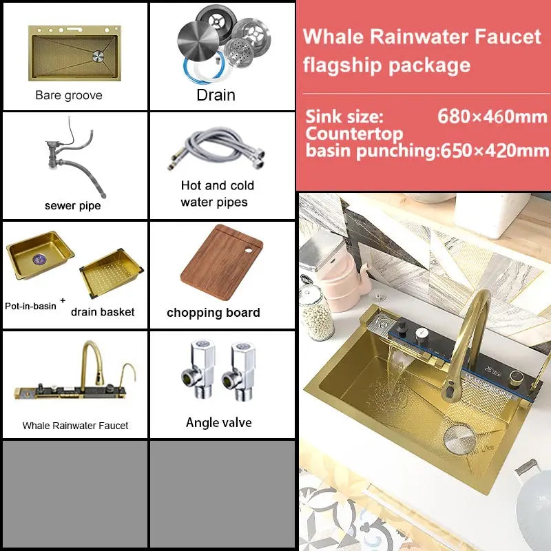 Golden Stainless Steel Waterfall Kitchen Sink Gold Embossed Extra Large Single Slot Digital Display Dishwashing Basin 100x50cm