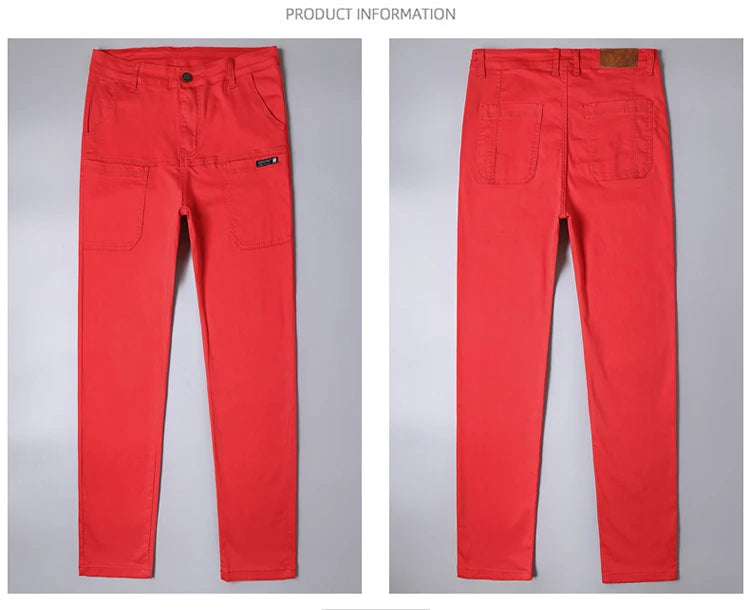 Spring and Autumn Men's Multi-Pocket Design Jeans Fashionable and Versatile White Khaki Red Comfortable Stretch Denim Pants