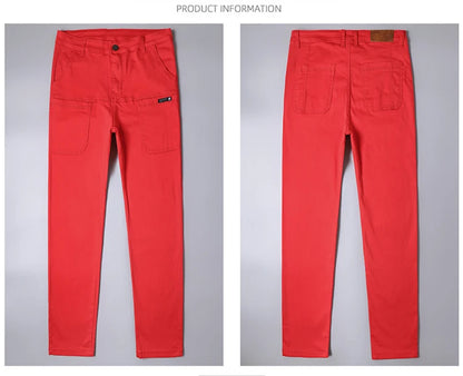 Spring and Autumn Men's Multi-Pocket Design Jeans Fashionable and Versatile White Khaki Red Comfortable Stretch Denim Pants
