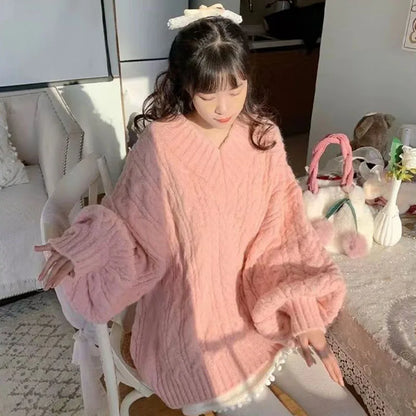 Herbst Winter Frauen Pullover Harajuku Übergroßen Gestrickte Pullover Koreanische Langarm V-ausschnitt Strickwaren Preppy Solide Lose Jumper