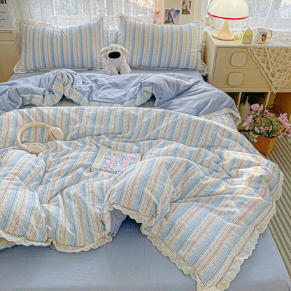 2025 new small fresh printing French lace lace double four-piece set bedding wrinkled yarn student three-piece set