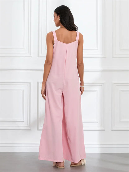 Women Fashion Jumpsuits Sleeveless Buttons Suspender Wide Leg Pant Overalls with Pockets Casual Loose Romper Streetwear.