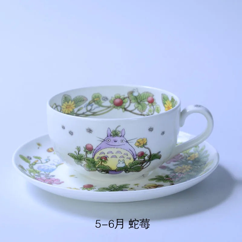 Bone China Dinner Plate Anime Cup and Saucer Set Coffee Mug Cute Cartoon Pattern Ceramic 9.5 Inch Dish Household Tableware Gift.