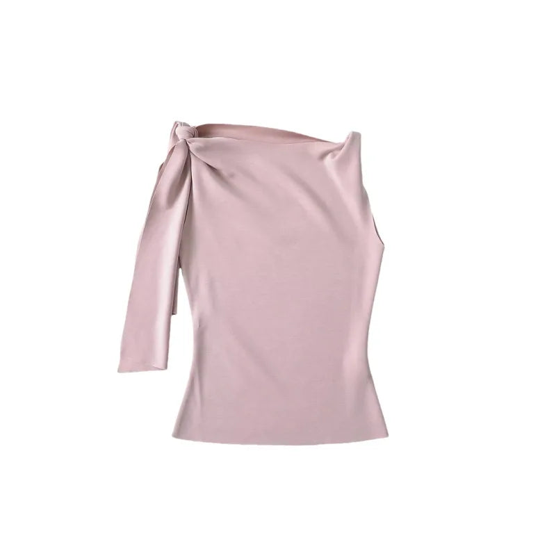 Women Sleek Stretch Knotted Top Fuchsia SLEEVELESS WITH BOAT NECK  ONE-SHOULDER TIE.