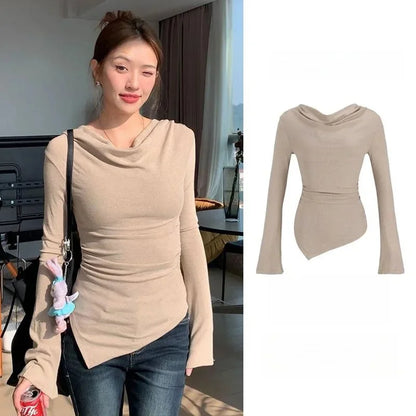 Irregular Waist Pleated Long Sleeve Base Shirt Spring T-Shirt Women's Spicy Girl One Shoulder Top Fashionable Casual Wear