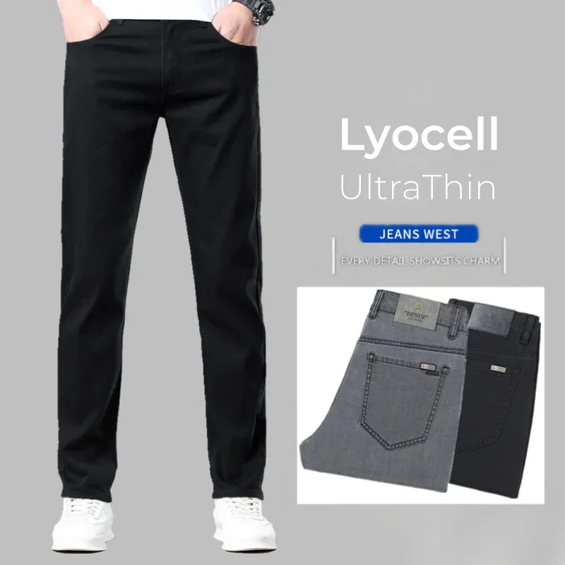 Summer Lyocell Ultra-thin Jeans Men Straight Stretch Breathable Denim Pants Fashion Business Casual Male Trousers Black Gray.