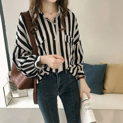 1pcs Woman Spring Autumn Stripe Shirts Lady Casual Long Sleeve Turn-down Collar Loose Shirt Female Chiffon Temperament Tops.