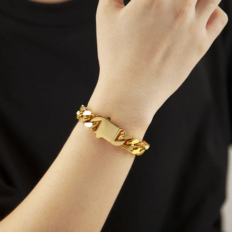 316 Stainless Steel Plated 18k Gold Fashion 8.10.12mm Encrypted Cuban Chain Miami Rap Hip Hop Men's Bracelet Accessory.