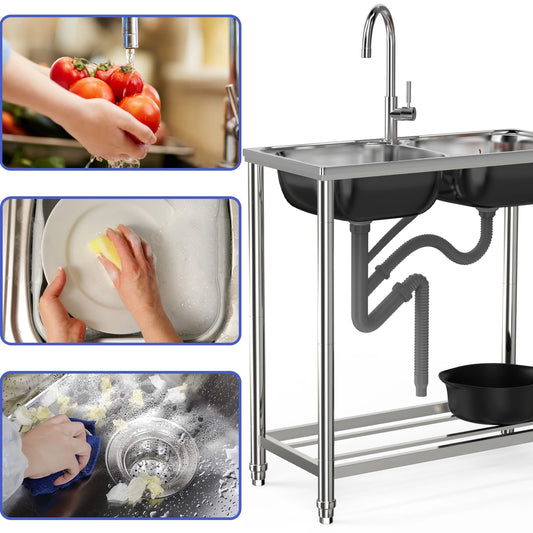 Doppelspüle aus Edelstahl mit Warm- und Kaltwasserhähnen und Ablaufset, perfekt für Garten und Camping