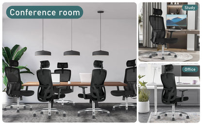 Durrafy Ergonomischer Bürostuhl, Schreibtischstuhl mit verstellbarer Kopfstütze, Armlehnen und Lordosenstütze, Netzdrehstühle, Schwarz