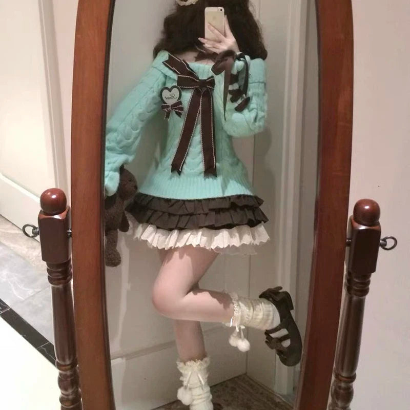Japanese Sweet Lolita Mini Skirts Women Y2K Kawaii Lace Patchwork Bow Cake Skirt Femme High Waist Preppy All Match A Line Skirts.
