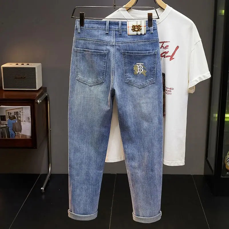 Men's Slim Straight Jeans Fashion Korean winter and Autumn Trousers Comfortable Elastic Blue Fitted Business Casual Denim Pants.