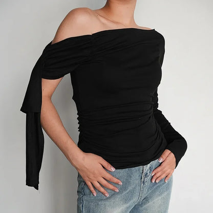 Y24TP610 Women's Autumn New Solid Color Crossbody Single Shoulder Top Sexy Asymmetric Single Sleeve T-Shirt From China.