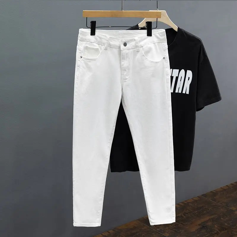 White Jeans Men's Slim Straight Ankle-length Soft Comfort Elastic Denim Trousers Fashion Korean Basic Casual Pencil Pants.