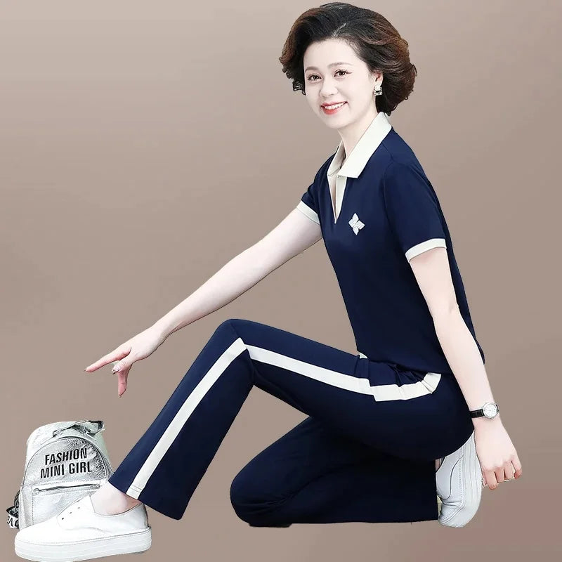 Casual Breathable Short Sleeve Sportswear Set for Middle-Aged Mothers Fashionable Summer Clothing Grandmother Style