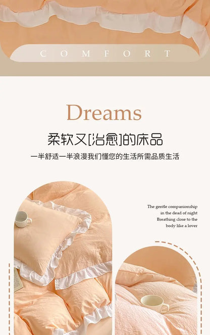 Korean Princess Style Duvet Cover Set No Filling Pink Blue Soft Washed Cotton Girls Favorite Ruffles Bed Linen Pillowcases.