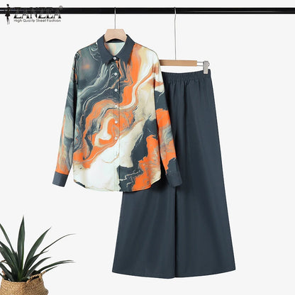 ZANZEA Fashion Women Two Pieces Sets Long Sleeve Lapel Shirt Wide Leg Pant Sets 2PCS Holiday Outfits Casual OL Work Tracksuits.