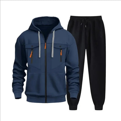 Autumn and winter new men's sweatshirt sport set, fashionable windproof and warm men's zipper hoodie and pants 2-piece set.