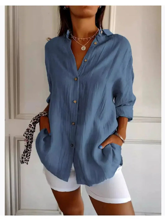 Shirt Women's Lapel Long Sleeve Solid Color Casual Single Breasted New Fashion Brown Black White Shirt Tops Blouses for Female.