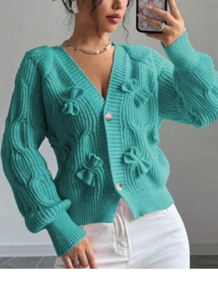 2025 Autumn And Winter Solid Color Long-sleeved Bow Knit Cardigan Jacket New Women's Elegant V-neck Button Versatile Sweater Top