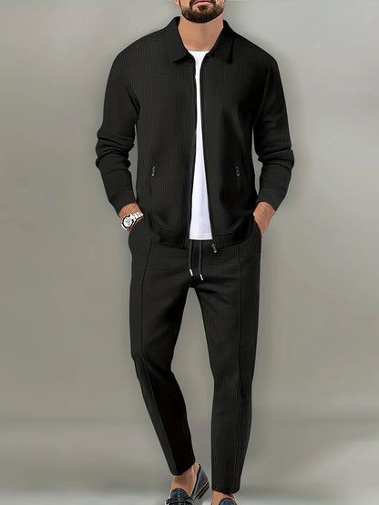 Men's Slim Fit Jacket with Zipper Pocket, Long Sleeved Sportswear, Cardigan Jacket Set, Long Pants, Elegant, two-Piece Set