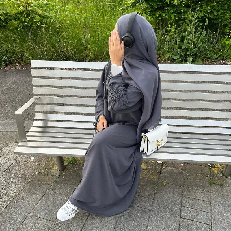 2024 Saudi Arabia Muslim Women Modest Dress Eid Dubai Plain Abaya Islamic Holiday Party Solid Turkey Lace-up Cuffs Long Clothes.