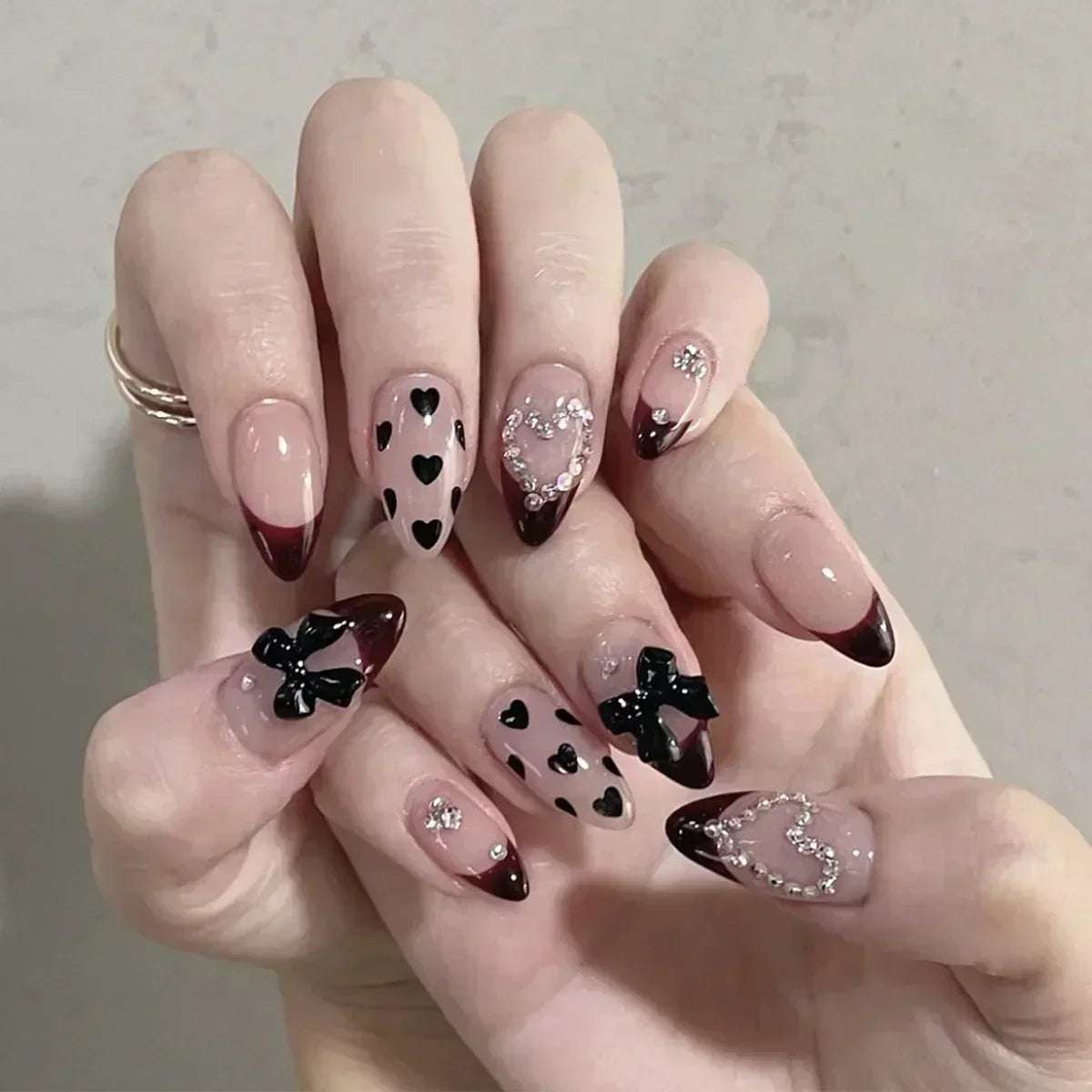24pcs French Almond Press on Nails Leopard Print False Nails 3D Bow Wearable Stick-on Nails Fake Nail Uñas Накладные Ногти 네일팁