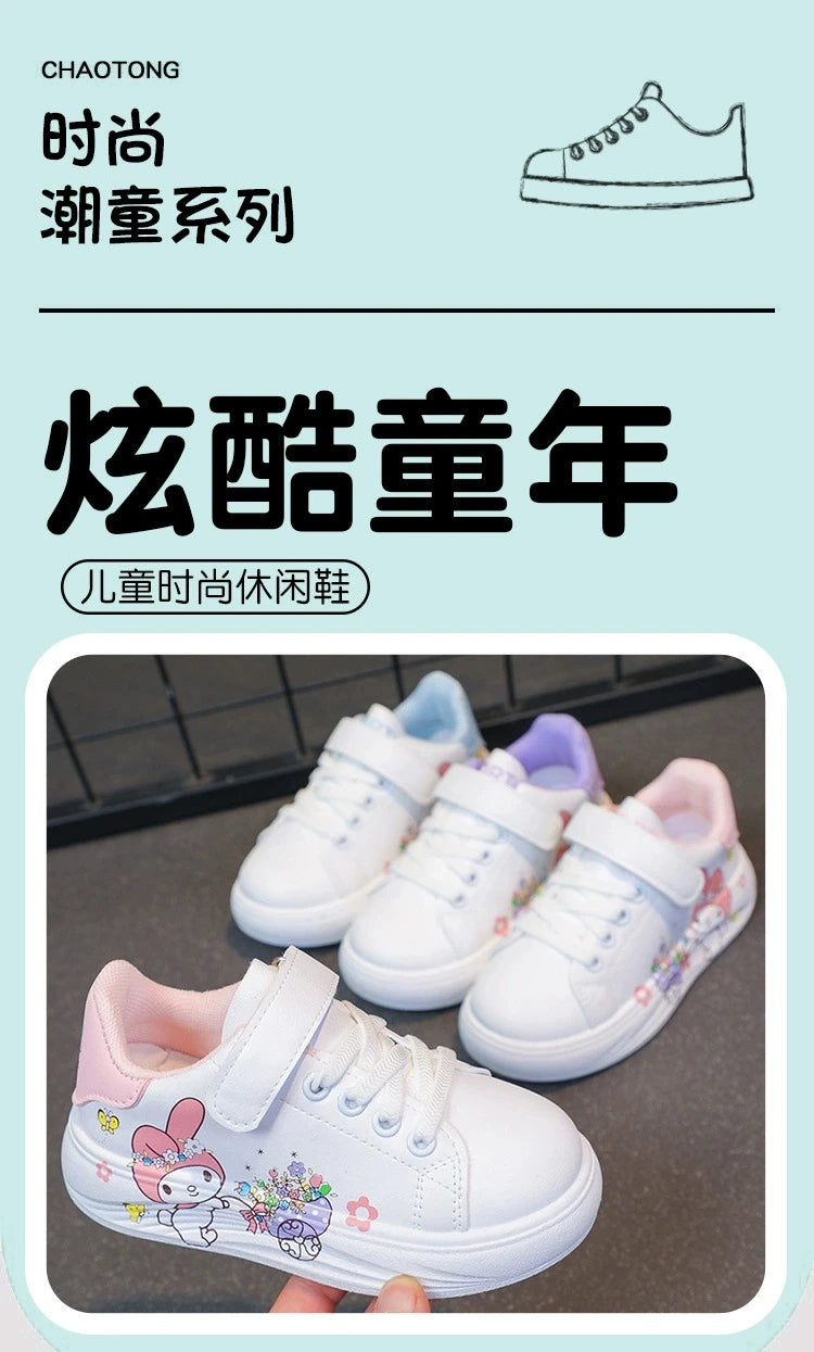 Baby Girls White Shoes Kids Casual Sneakers Cartoon Soft Breathable Fashion Children White PU Leather Shoes Size 26-37.